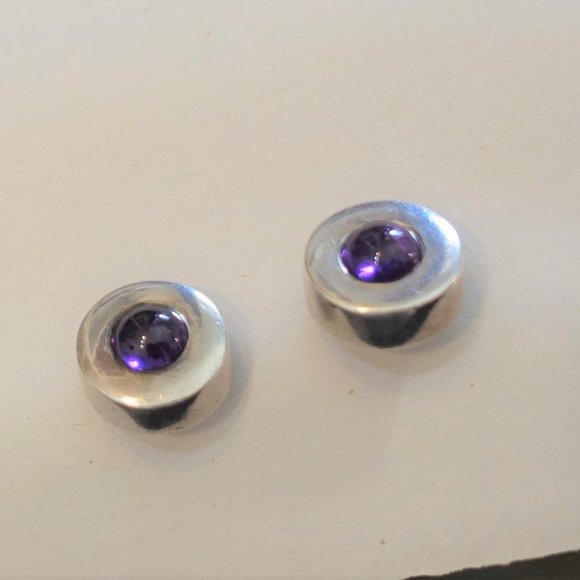 Sterling Stud Earrings with Amethysts, 10mm, 8g, Artisan - Picture 3 of 9